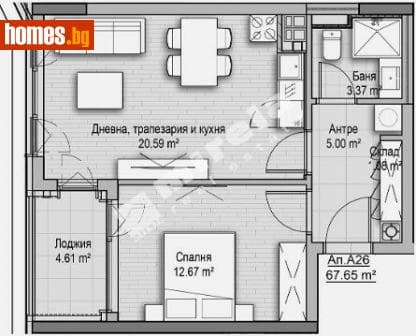 Двустаен, 68m²