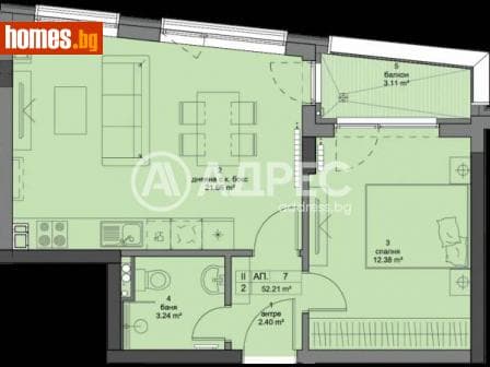 Двустаен, 61m²